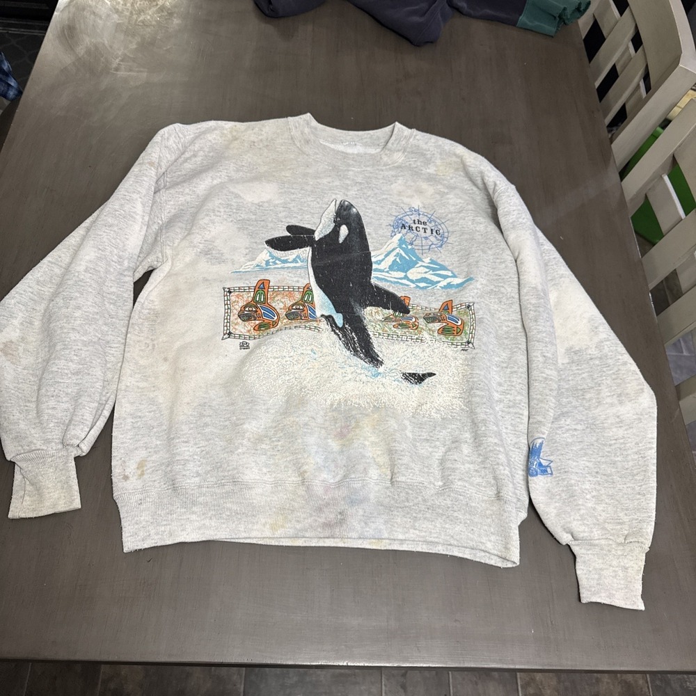 Vintage 90s Sea Orca Killer Whale Lsj Crewneck Sweatshirt Sz L White Thrashed